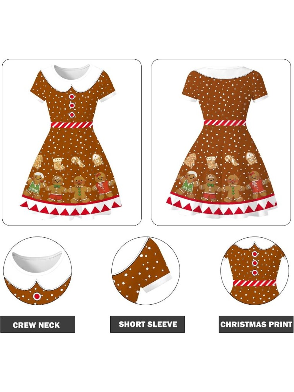 Women's Brown Holiday Party Ugly Xmas Print Short Sleeves Christmas Dresses - Picture 4 of 4